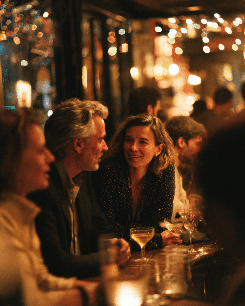 Cocktail convivial à Montpellier avec des adultes autour de 40 ans, échanges détendus