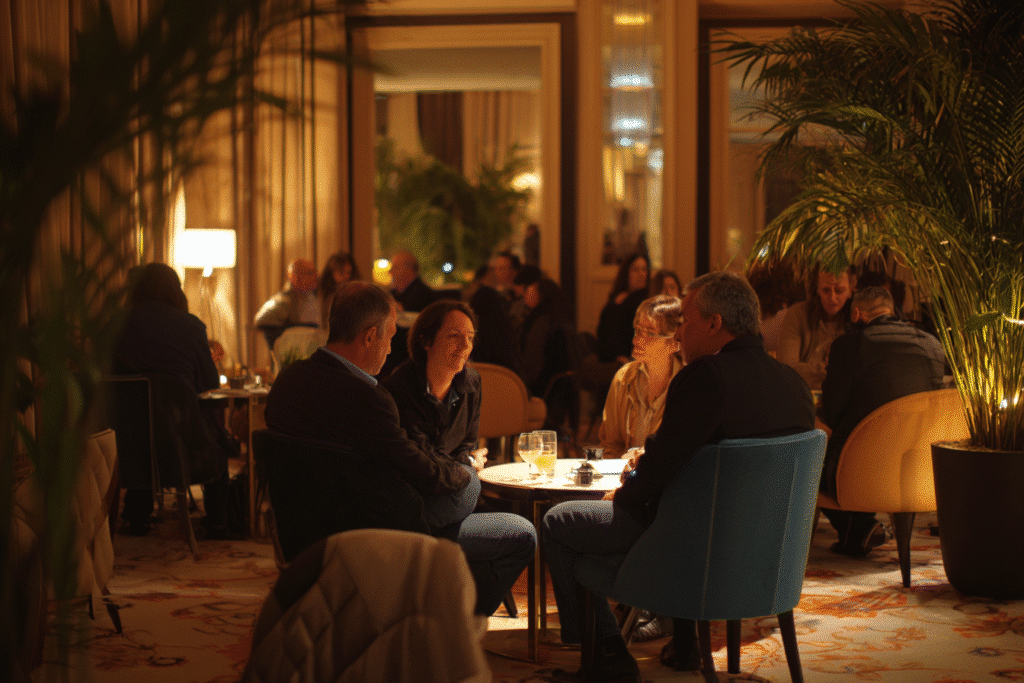 Échange entre participants adultes autour de 50 ans lors d’une soirée