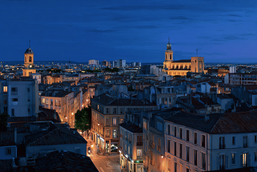 Vue nocturne de Montpellier, silhouette urbaine iconique